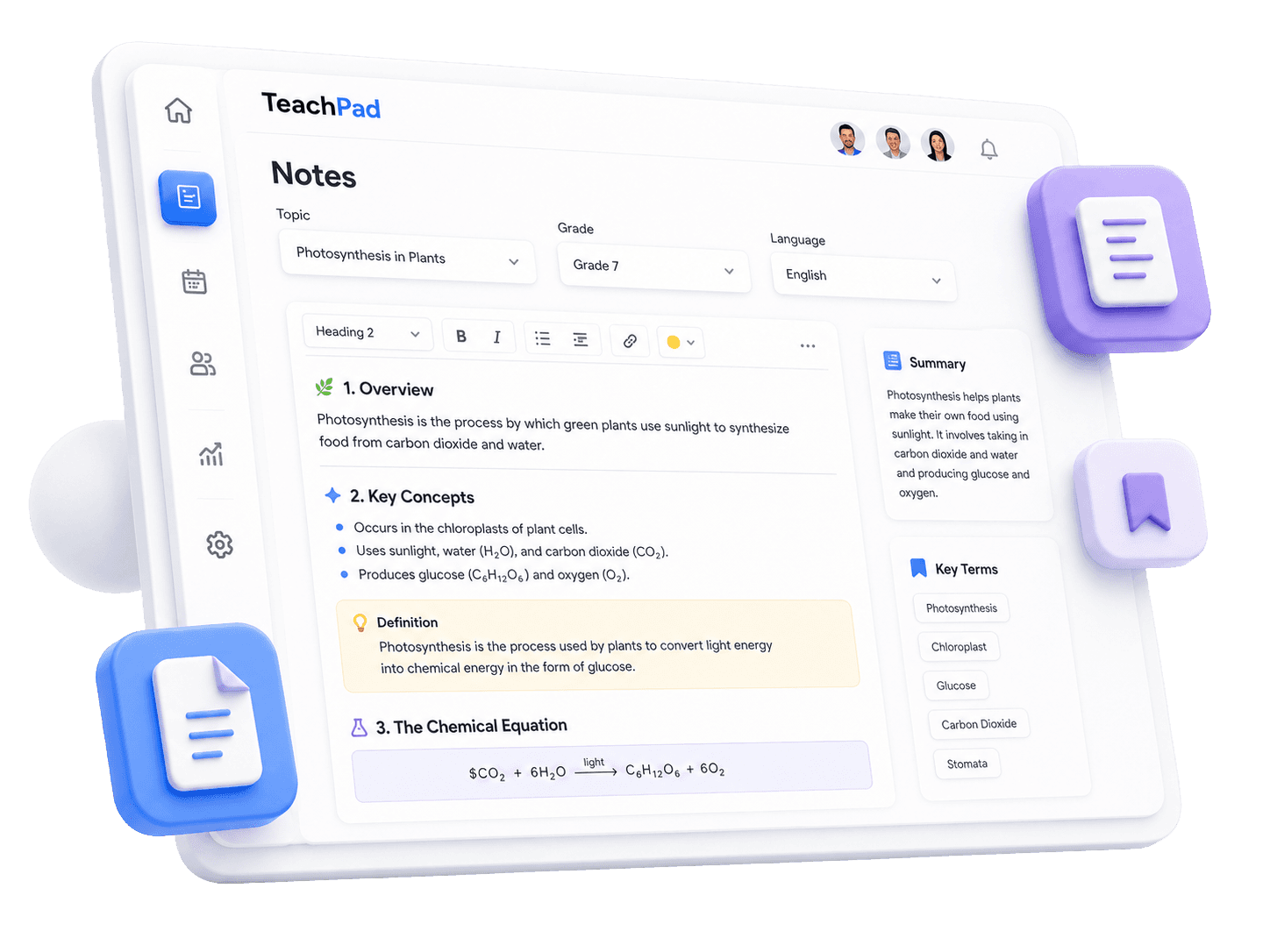 TeachPad notes output preview with chapter summaries and key terms.