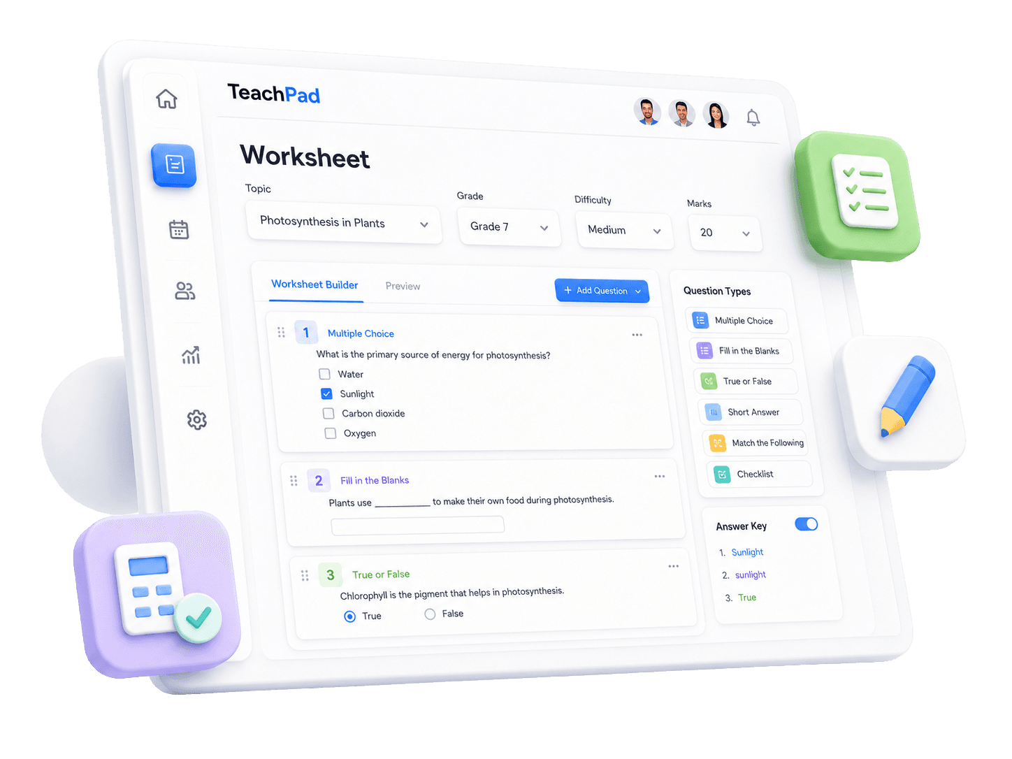 TeachPad worksheet output preview with textbook-based practice questions.