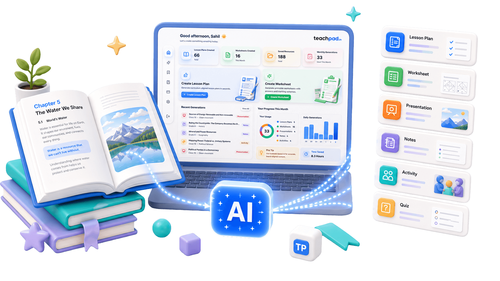 TeachPad dashboard showing textbook-based lesson planning, worksheet generation, notes, presentations, and classroom activities.