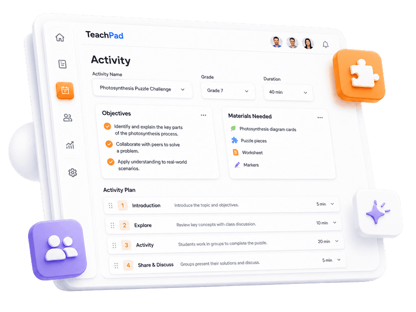 TeachPad classroom activity output preview with steps, timings, and reflection prompts.