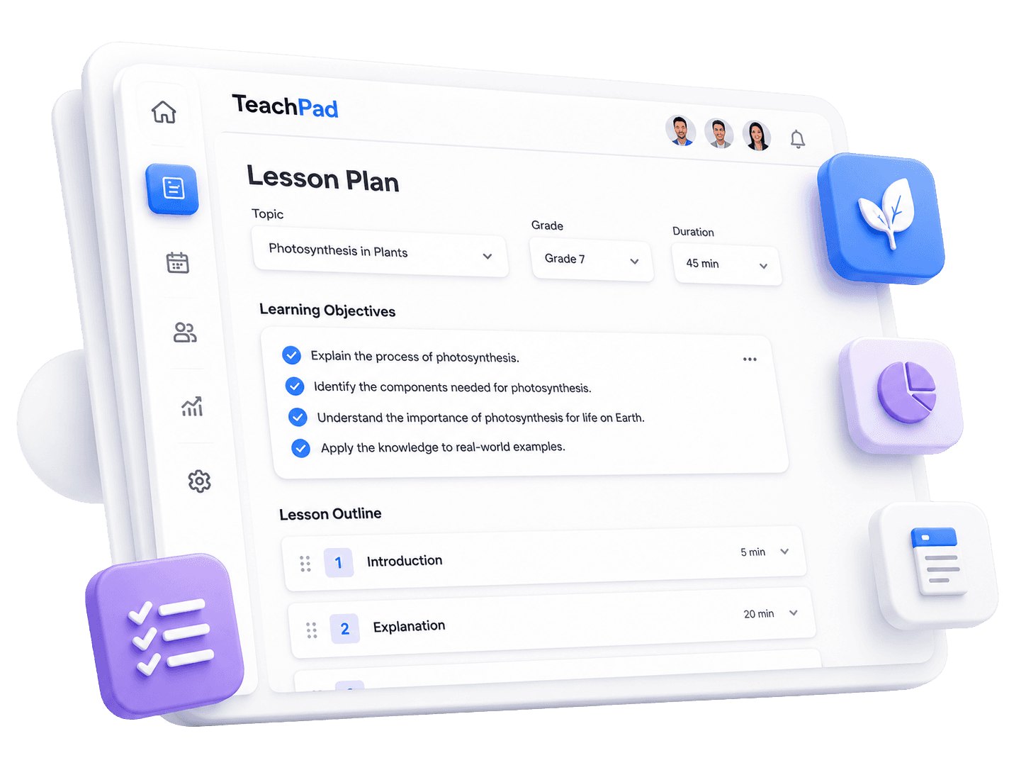 TeachPad lesson plan generator interface with learning objectives and lesson outline.