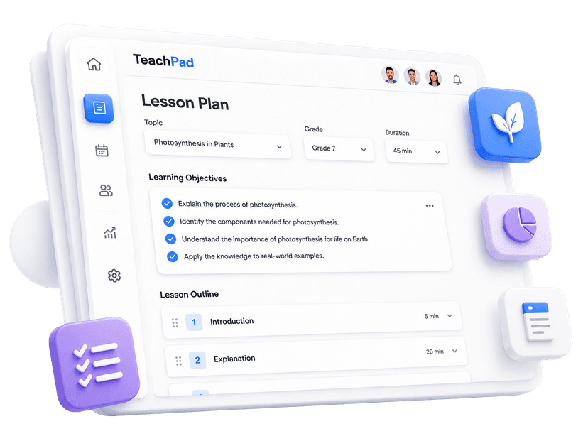 TeachPad lesson plan output preview with objectives, classroom flow, and assessment details.