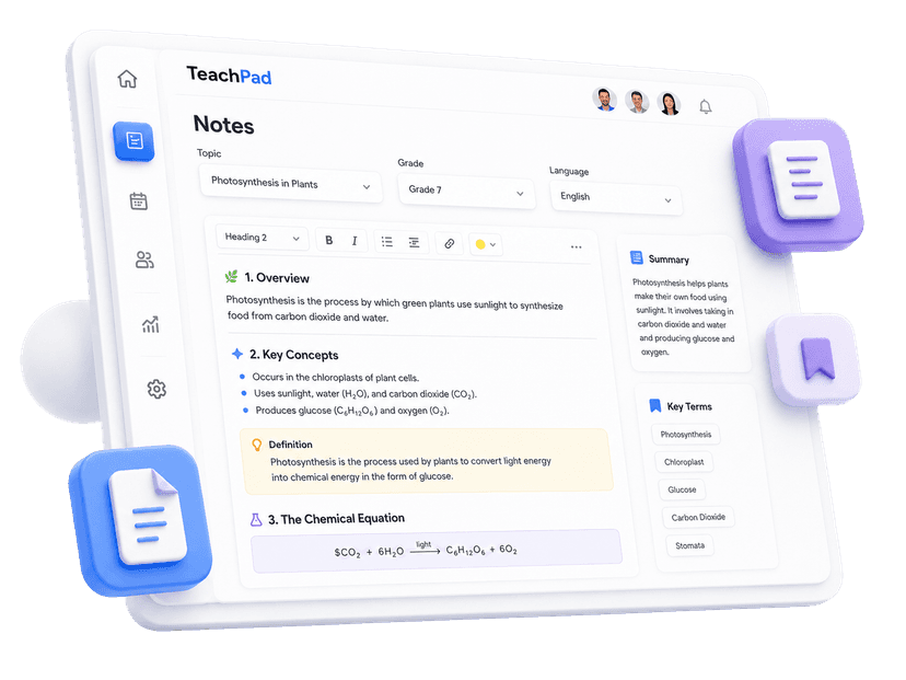 TeachPad notes output preview with chapter summaries and key terms.