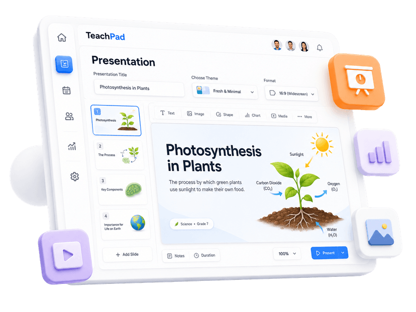 TeachPad presentation output preview with classroom slide content.