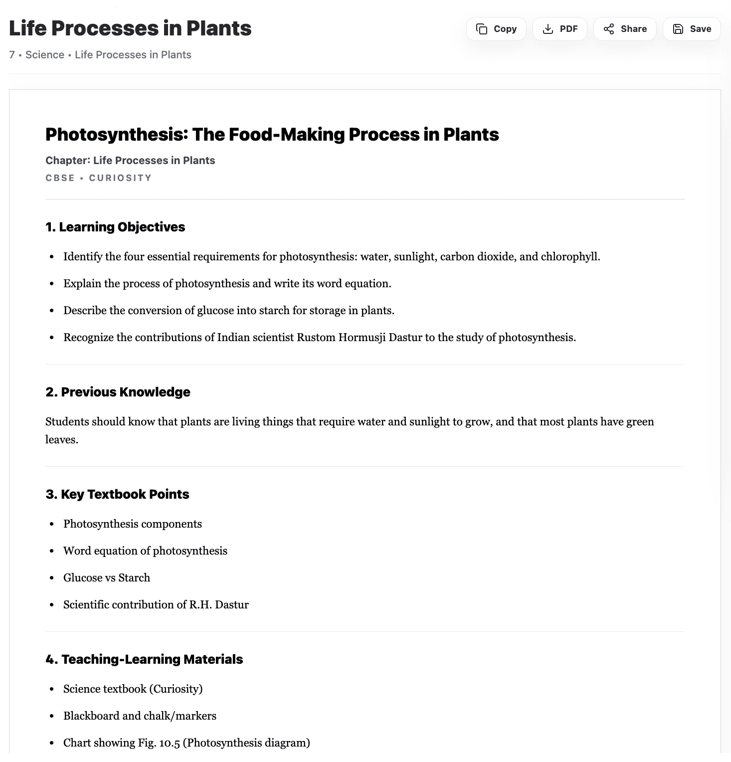 Generated lesson plan output preview.