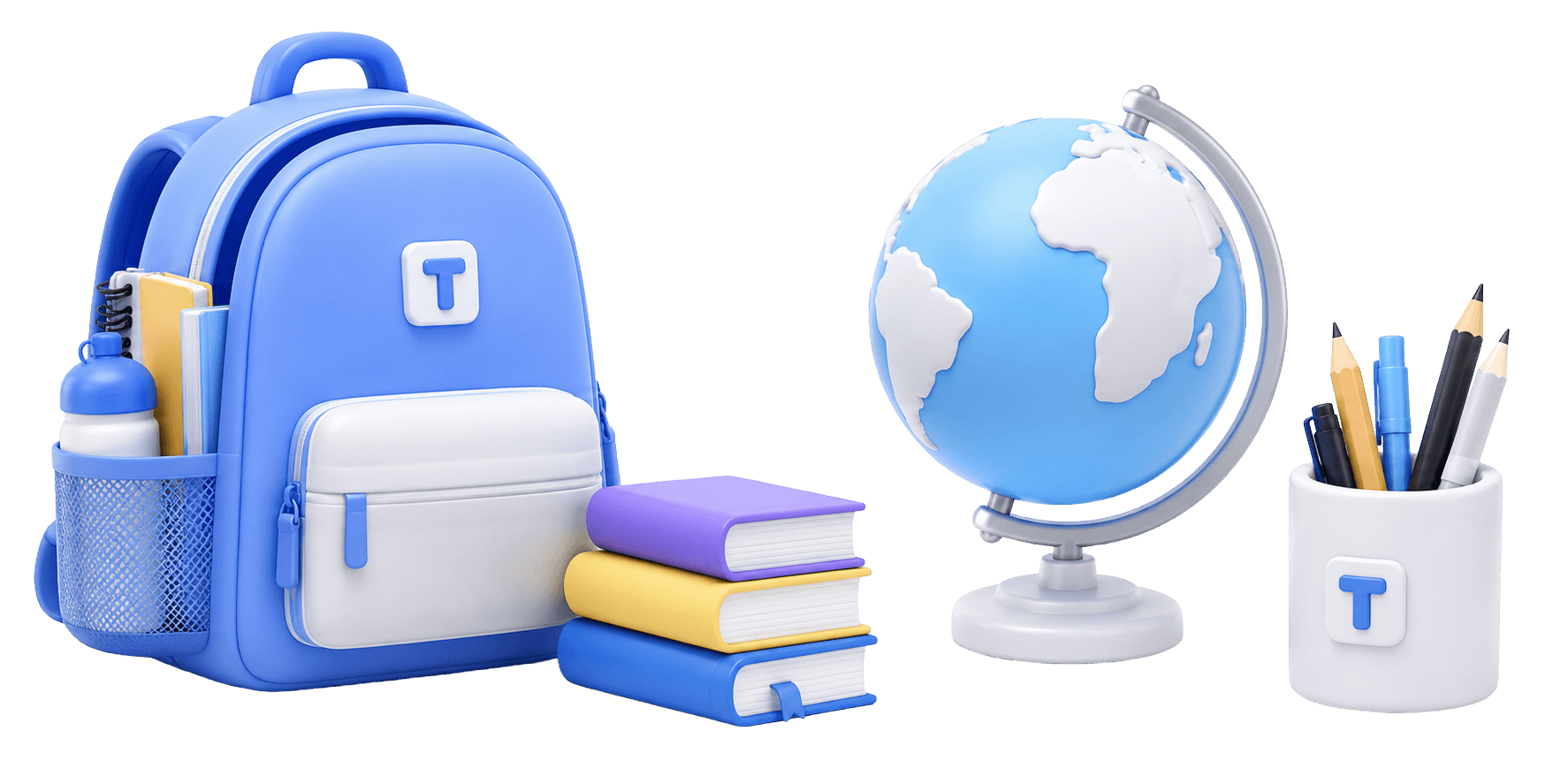Backpack, globe, books, and stationery illustration