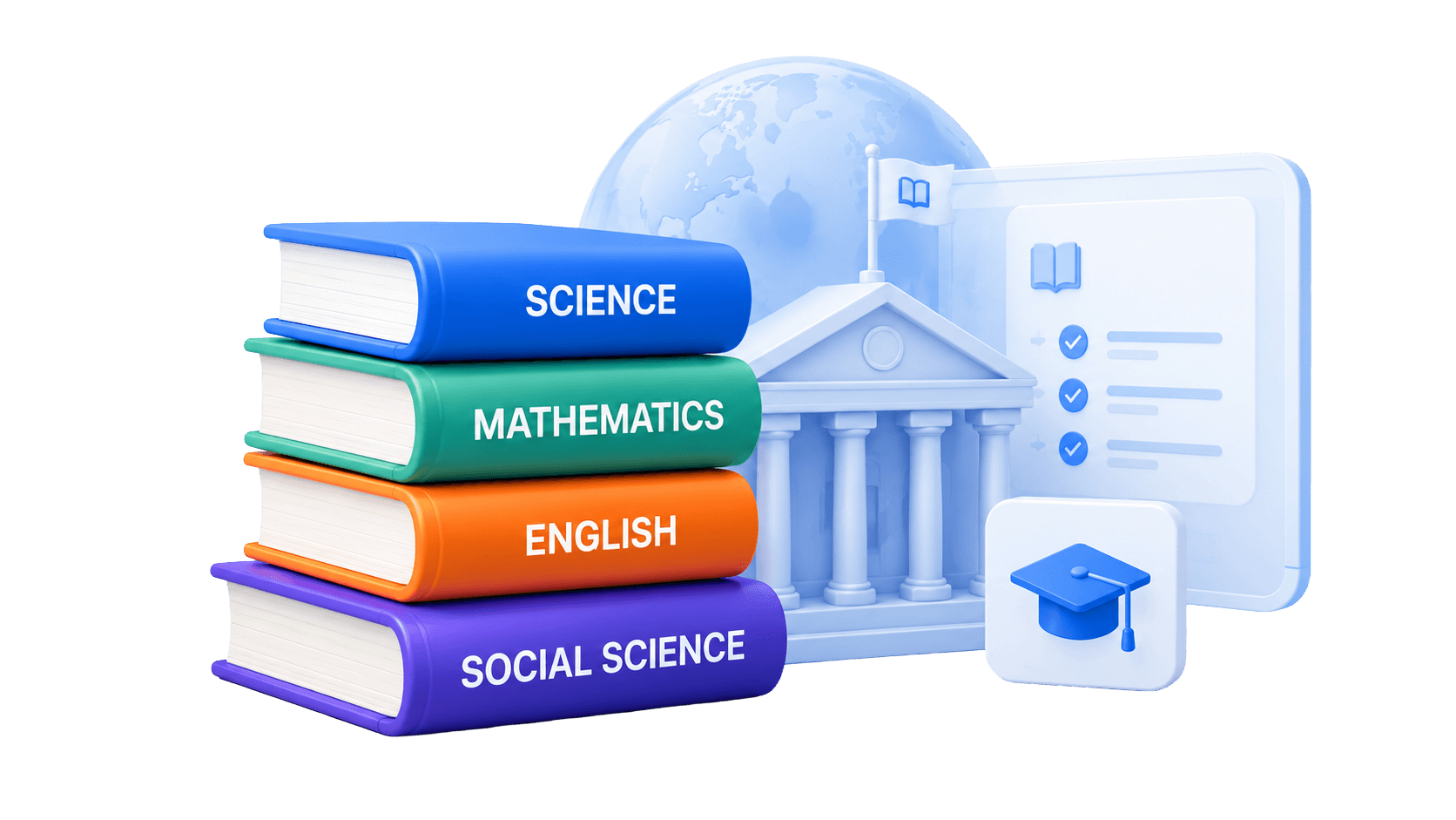 Stacked subject textbooks with curriculum building, globe, checklist, and graduation cap