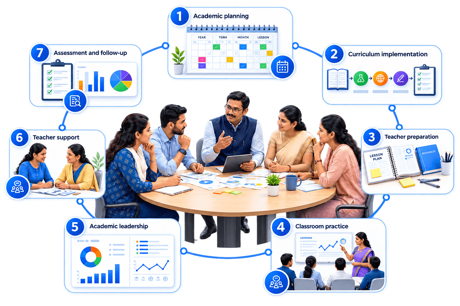 Seven areas TeachPad studies before planning improvement: academic planning, curriculum implementation, teacher preparation, classroom practice, academic leadership, teacher support, and assessment and follow-up.